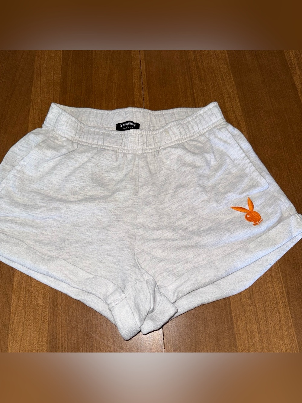 PLAYBOY White Terry Athletic Shorts with Orange Bunny Patch